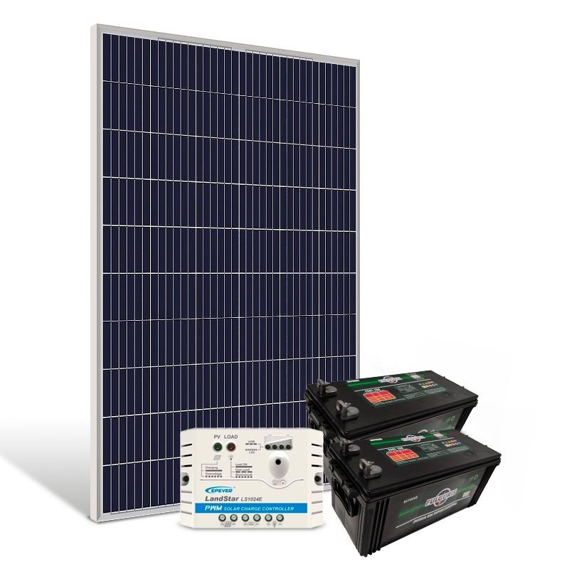 Energia disponível: 1.113 Wh/dia ou 31,2 kWh/mês | Vsist: 24Vcc | Composição: 1 Painel Solar de 330Wp + 1 Controlador de Carga de 10A + 2 Bateria de 150Ah.