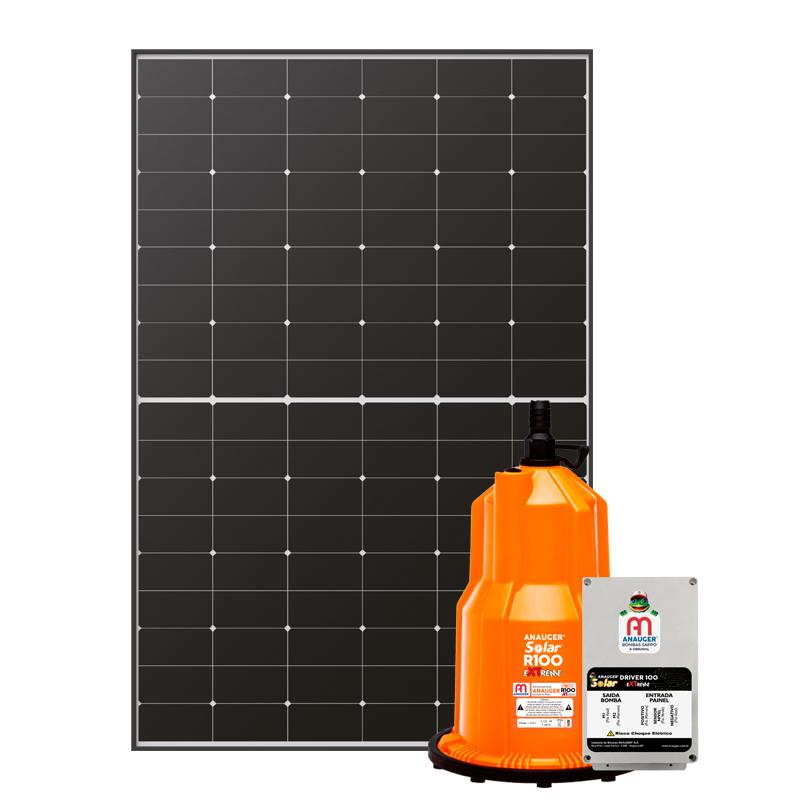 Potência do Kit: 340Wp | Vazão máxima: 4.600 L/dia | Altura Manométrica máxima: 40m | Composição: 1 Painel Solar de 340Wp + 1 Bomba Solar submersa.