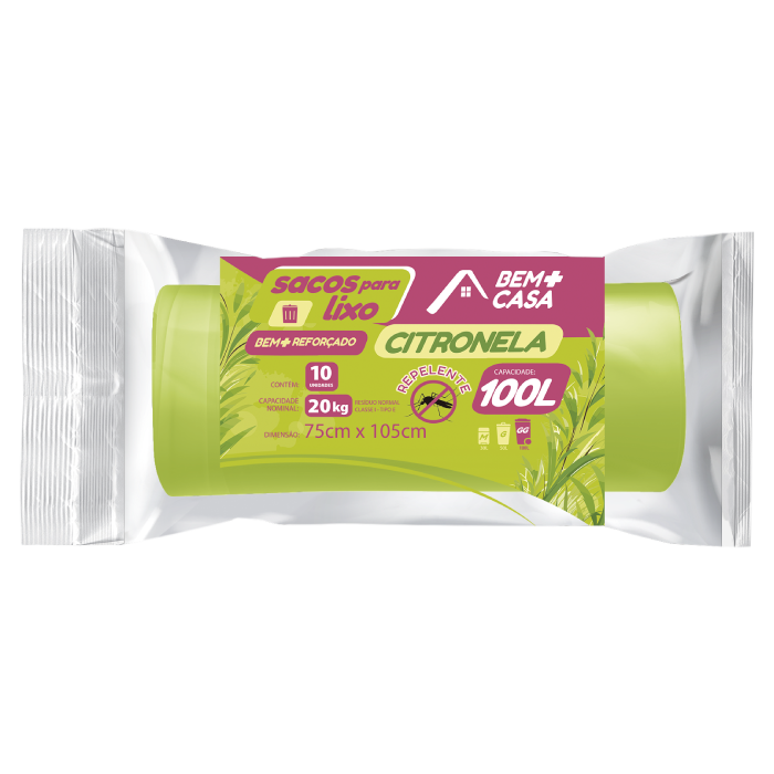 BEM+CASA SACO PARA LIXO ROLO 100L CITRONELA 12U