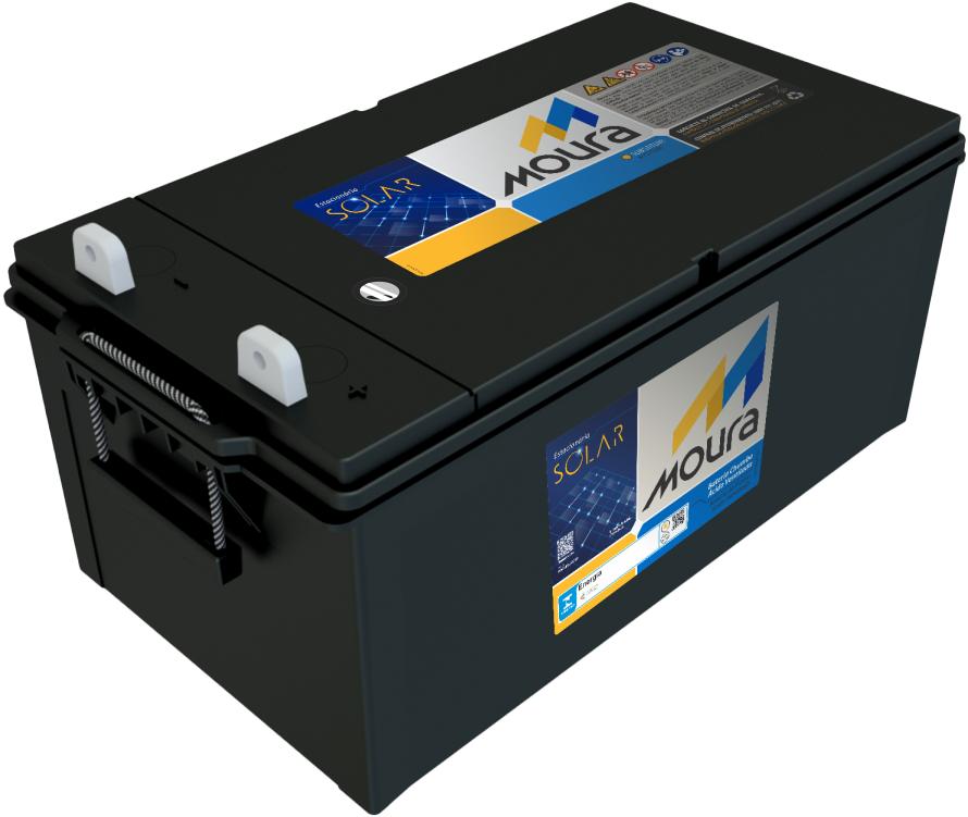 Bateria Solar do tipo chumbo-carbono com tensão de 12V e capacidade de 244,8Ah (C120) ou 220Ah (C20), ideal para sistemas de energia solar fotovoltaica. Suporta 3 vezes mais ciclos que outras baterias comuns no mercado e tem garantia de 2 anos (já incluindo os 90 dias da garantia legal) contra defeito de fabricação.