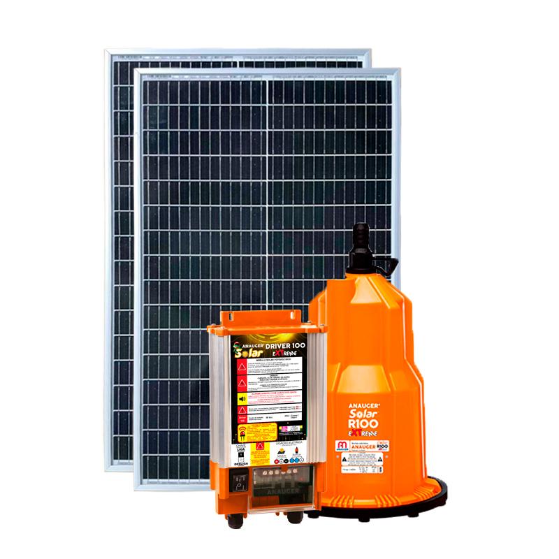 Potência do Kit: 120Wp | Vazão máxima: 4.600 L/dia | Altura Manométrica máxima: 40m | Composição: 2 Painéis Solares de 60Wp + 1 Bomba Solar submersa.