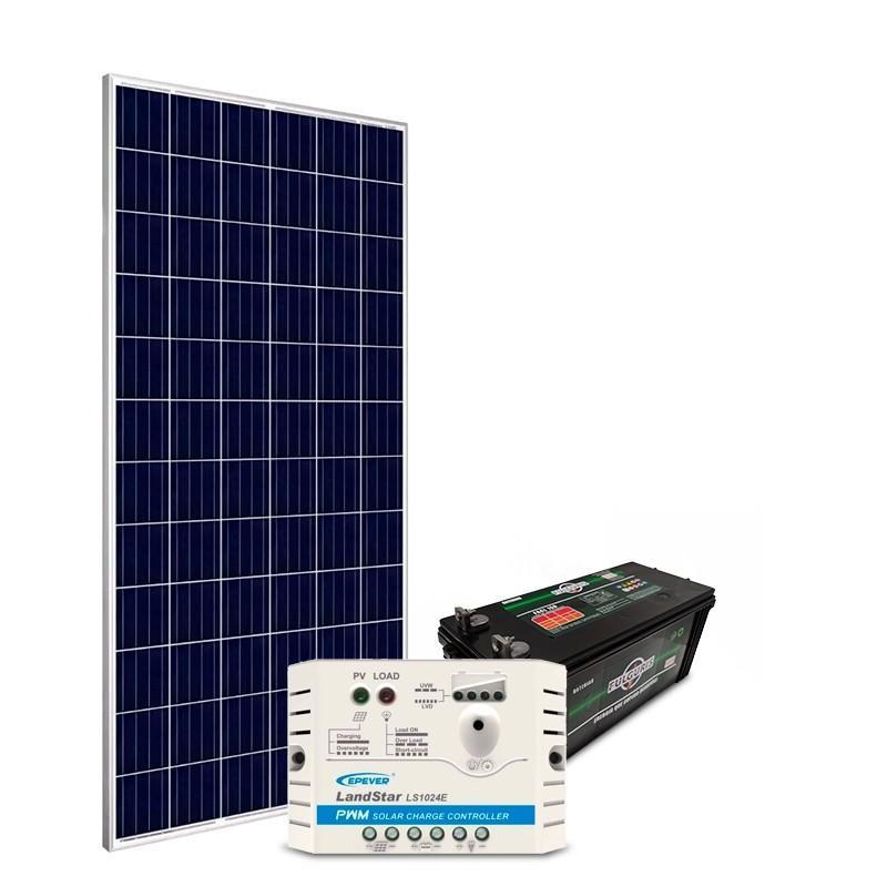 Energia disponível: 488 Wh/dia ou 14,6 kWh/mês | Vsist: 12Vcc | Composição: 1 Painel Solar de 155Wp + 1 Controlador de Carga de 10A + 1 Bateria de 150Ah.