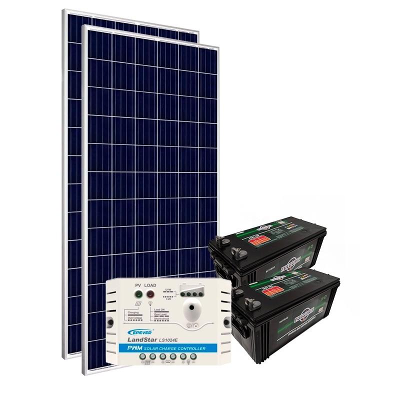 Energia disponível: 977 Wh/dia ou 29,3 kWh/mês | Vsist: 12Vcc | Composição: 2 Painéis Solares de 155Wp + 1 Controlador de Carga de 20A + 2 Baterias de 150Ah
