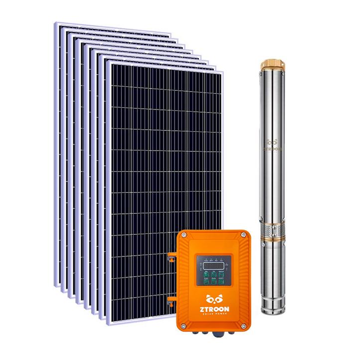 Potência do Kit: 4.270Wp | Vazão máxima: 70.000L/dia | Altura Manométrica máxima: 125m | Composição: 7 Painéis Solares Bifaciais de 610Wp + 1 Bomba Solar submersa Híbrida.