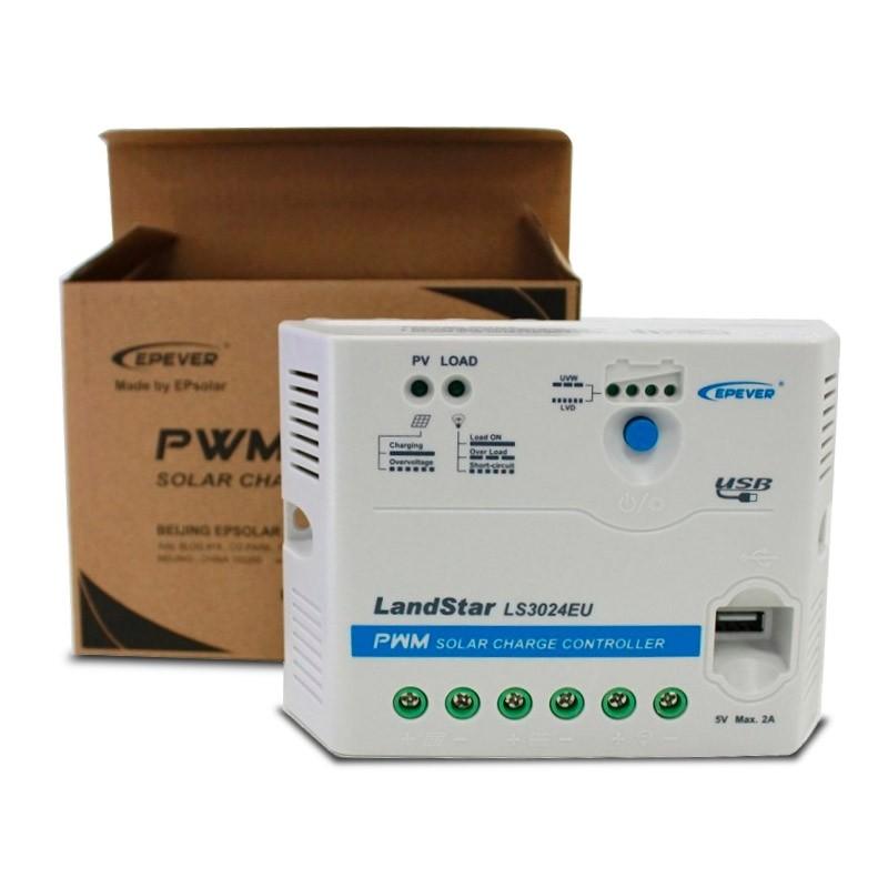 Controlador de Carga PWM de 30A da marca Epever com tensão de operação de 12/24V. Simples e fácil de instalar, com garantia de 2 anos contra defeito de fabricação.