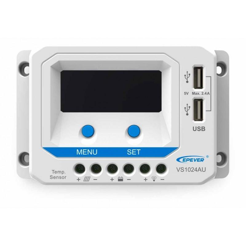 Controlador de Carga PWM de 10A programável da marca Epever com tensão de operação de 12/24V. Garantia de 2 anos contra defeito de fabricação.